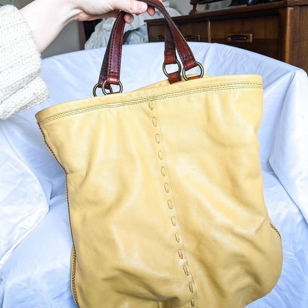 Lucky Brand Vintage Banana Yellow Leather Fold Over Tote Bag