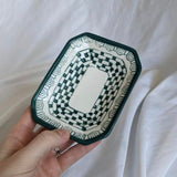 Green and White Checkerboard Pattern Ceramic Decorative Dish