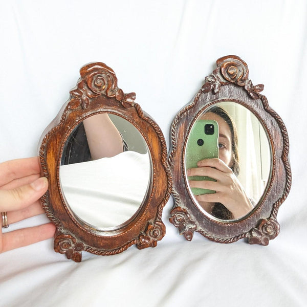 Pair of Vintage Wooden Oval Flower Carved Small Decorative Mirrors