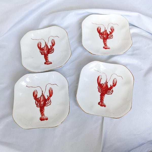 Set of Four Vintage Lobster Print Bone China Mini Dessert Plates