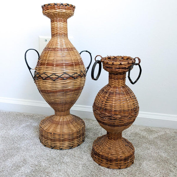 Pair of Large Vintage Woven Wicker Basket Vases