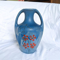 Double Handle Blue Hand Painted Flower Pottery Vase