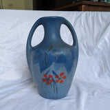 Double Handle Blue Hand Painted Flower Pottery Vase