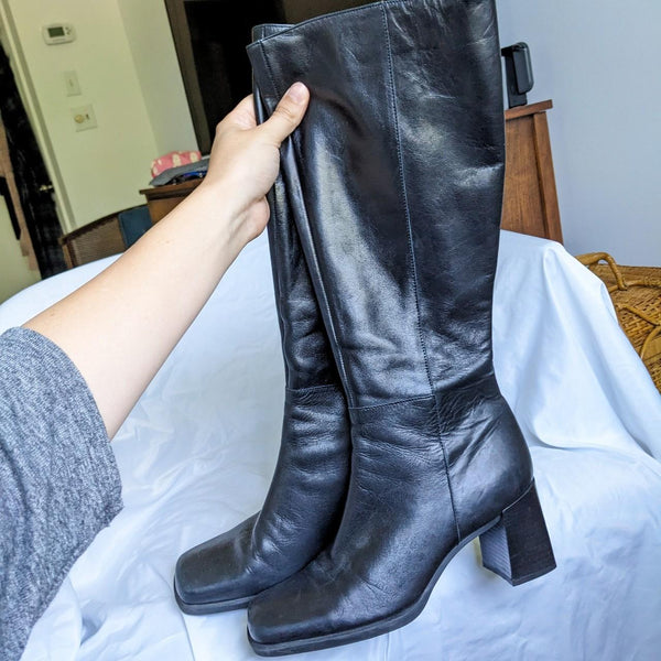 Black Leather Vintage Nine West Knee High Square Toe Heeled Boots