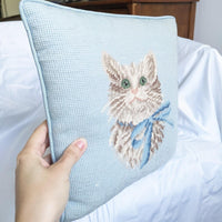 Vintage Fluffy White Cat Needlepoint Decorative Pillow