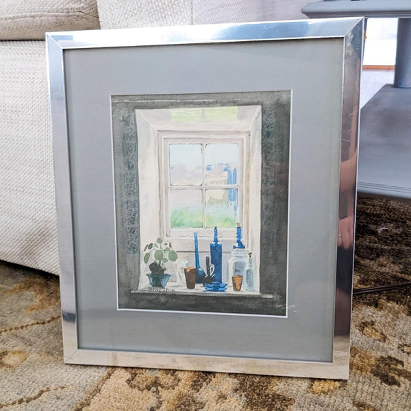 Vintage Signed Watercolor Still Life in Chrome Silver Frame