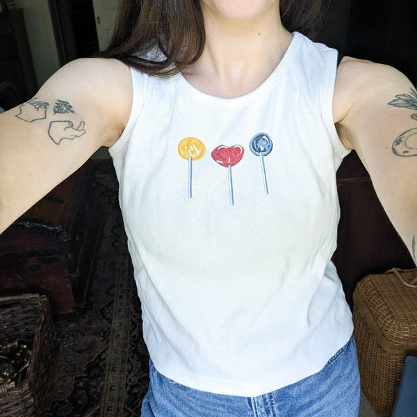 Vintage Lollipop Sucker Graphic White Tank Top