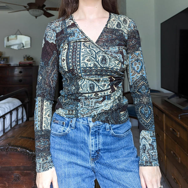 Karen Kane Vintage Y2K Paisley Wrap Long Sleeve Blouse