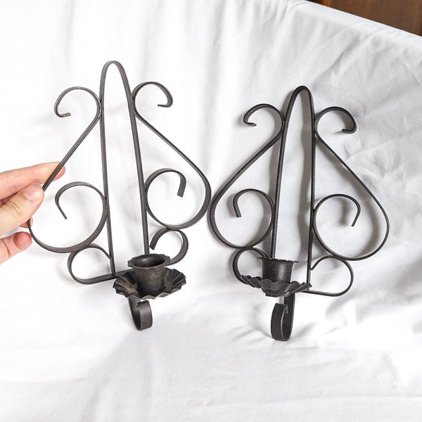 Pair of Vintage Black Iron Scroll Wall Hanging Candlestick Holder Sconces