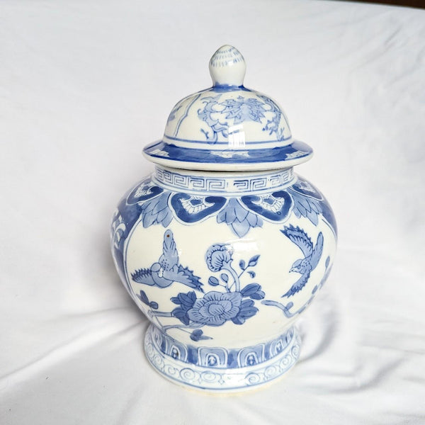 Vintage Chinoiserie Style Blue and White Floral Bird Motif Ginger Jar