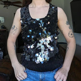 Vintage Joseph A Black Silk Blend Sequin Beaded Fringe Tank Top