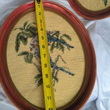 Pair of Vintage Needlepoint Embroidery Botanical Bird Oval Hanging Wall Art