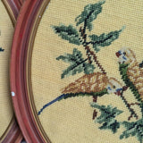 Pair of Vintage Needlepoint Embroidery Botanical Bird Oval Hanging Wall Art