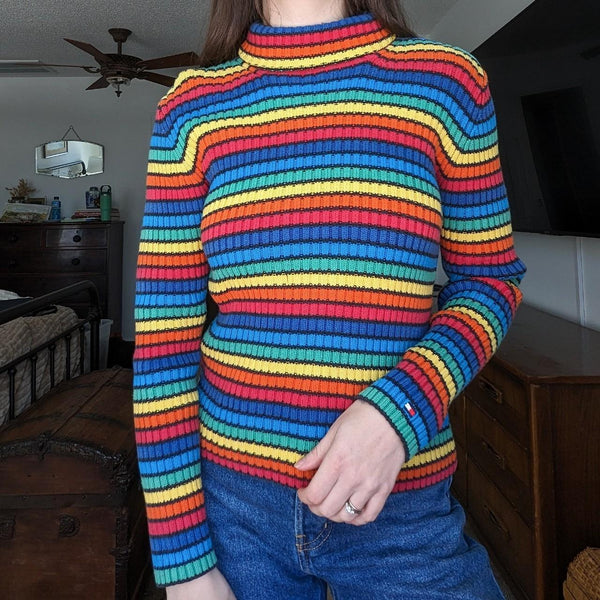 Vintage Y2K Tommy Hilfiger Striped Rainbow Turtleneck Sweater