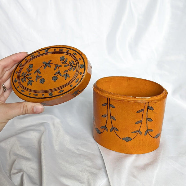 Vintage Floral Painted Lacquered Oval Decorative Box
