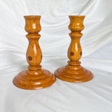 Vintage Artist Signed Turned Wood Pair of Candlestick Holders