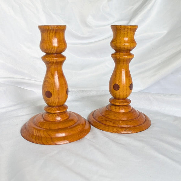 Vintage Artist Signed Turned Wood Pair of Candlestick Holders