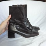 Vintage Dark Brown Leather Square Toe Heeled Boots