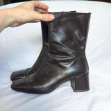 Vintage Dark Brown Leather Square Toe Heeled Boots