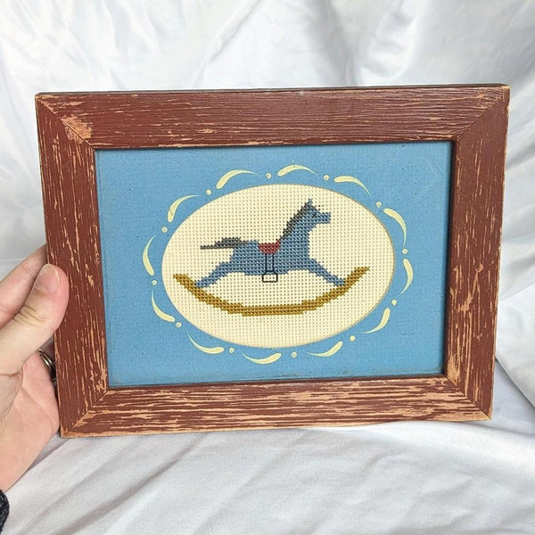 Vintage Artist Signed Rocking Horse Needlepoint Framed Artwork