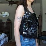 Vintage Joseph A Black Silk Blend Sequin Beaded Fringe Tank Top