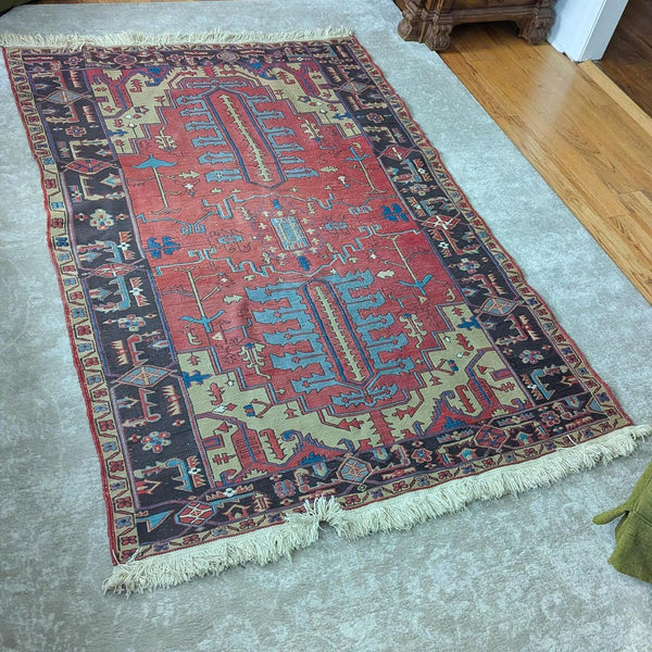 Vintage Persian Style Hand Knotted Red Multicolor Accent Rug