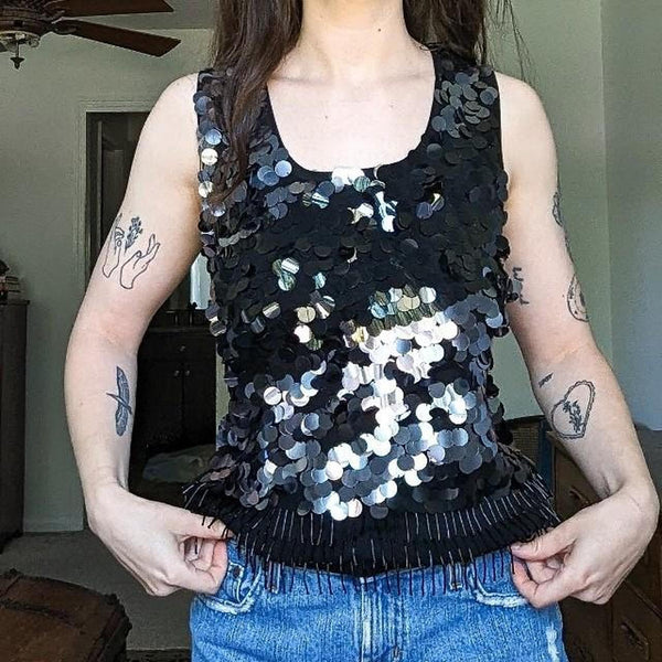 Vintage Joseph A Black Silk Blend Sequin Beaded Fringe Tank Top