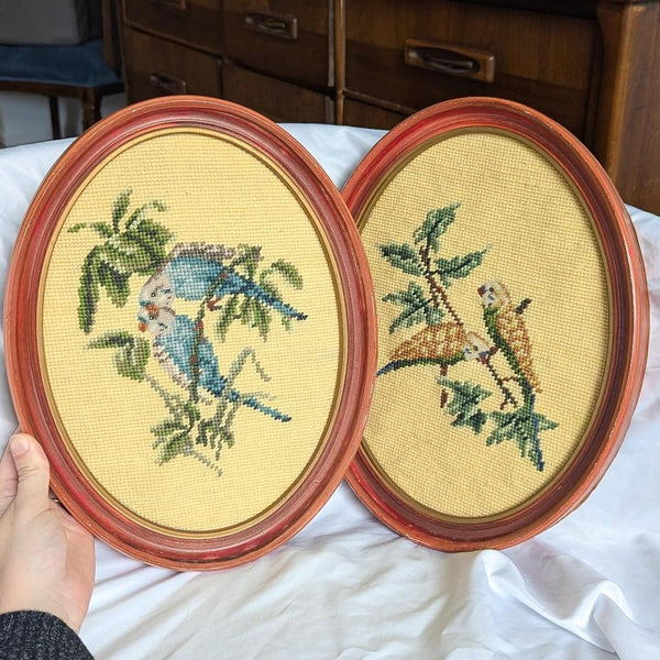 Pair of Vintage Needlepoint Embroidery Botanical Bird Oval Hanging Wall Art