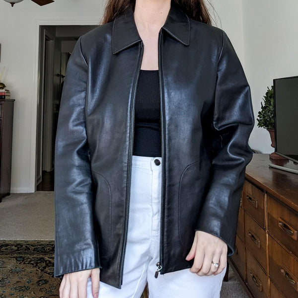 Relativity Vintage Black Leather Oversized Zip Up Jacket