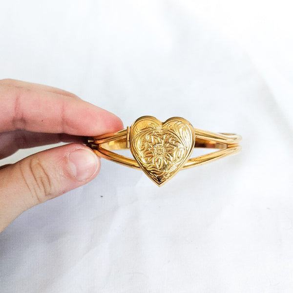 Gold Tone Heart Locket Cuff Bracelet