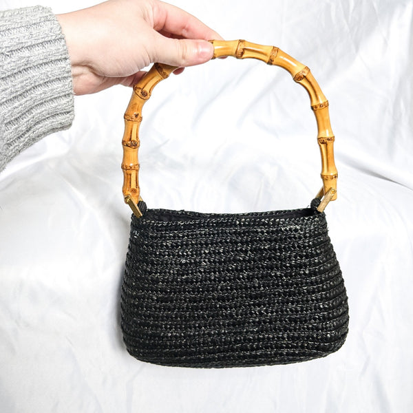 Black Wicker Bamboo Handle Purse