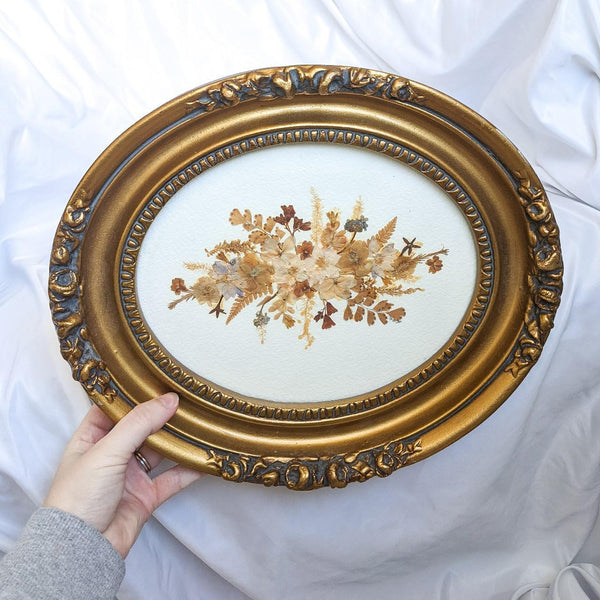 Vintage Oval Gold Ornate Framed Pressed Flower Art