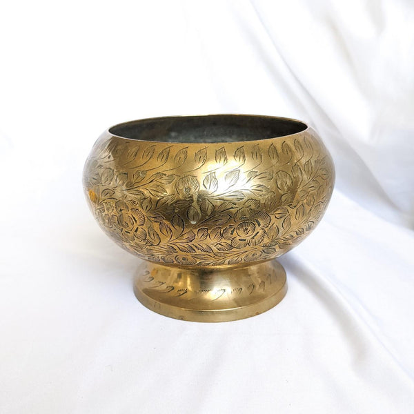 Vintage Brass Floral Etched Pedestal Orb Planter