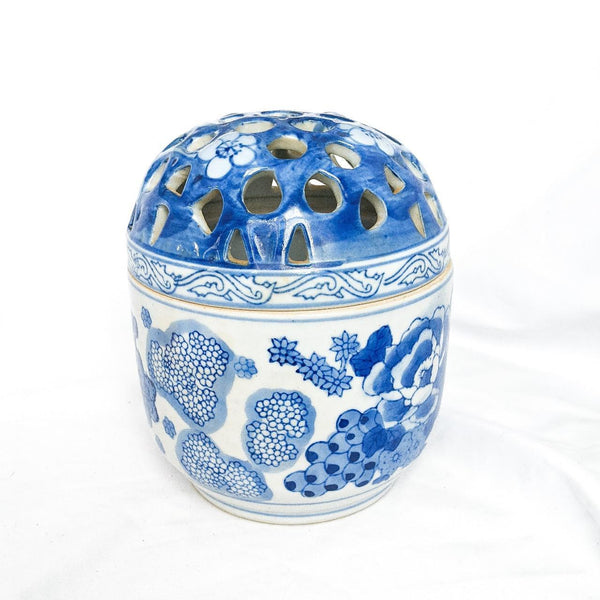 Vintage Bombay Blue White Chinoiserie Lattice Lid Jar Floral Organizer