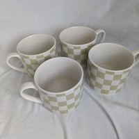 Set of 4 Vintage Pistachio Green & White Checkerboard Mugs