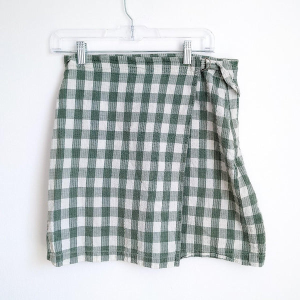 Green Seersucker Gingham Cotton Vintage Wrap Skirt