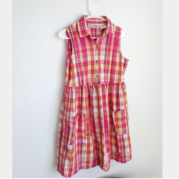 Plaid Seersucker Vintage Midi Dress with Collar