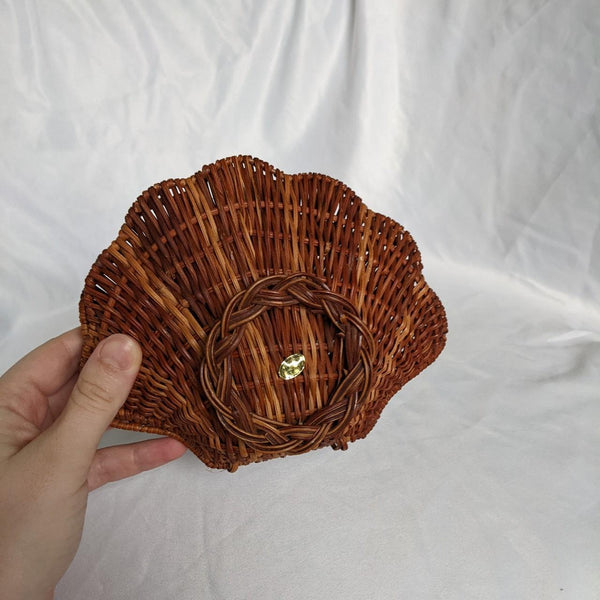 vintage woven wicker basket seashell shape, scallop shell trinket