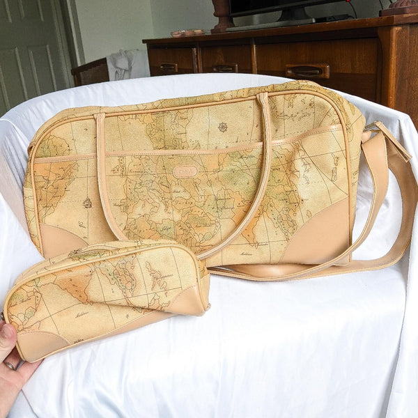 World Map Vintage Faux Leather Weekender Bag and Pouch