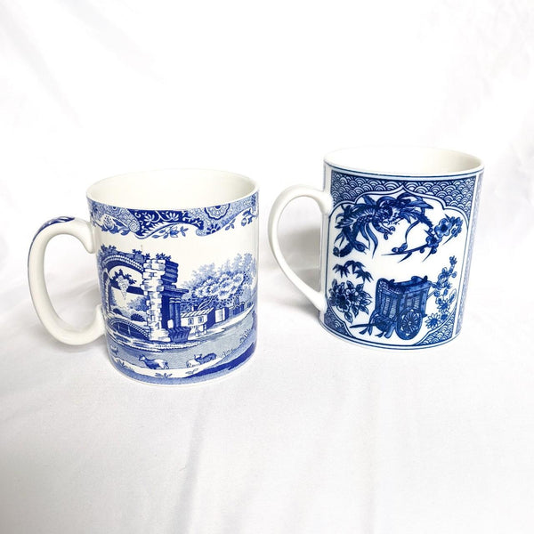 Mixed Lot Pair Blue and White Mugs Spode + Unmarked