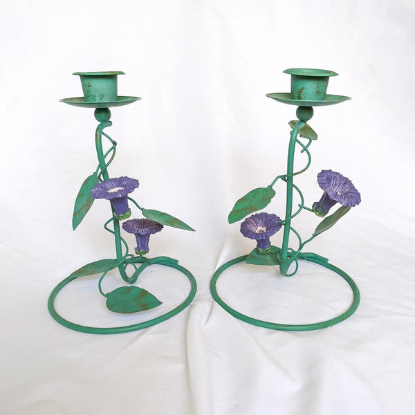 Pair of Vintage Metal Vine Purple Flower Candlestick Holders