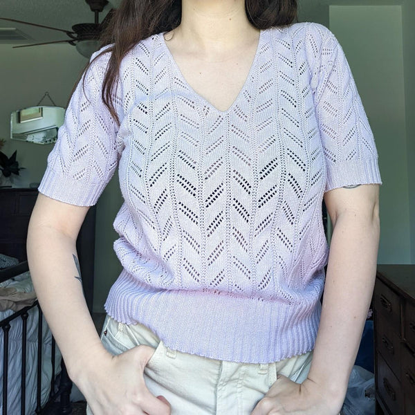 Lavender Vintage Pointelle Knit Short Sleeve Sweater