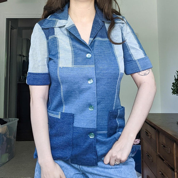 Vintage 70's Denim Patchwork Handmade Button Down Blouse