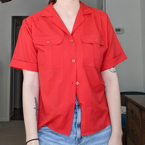 Red Vintage Button Up Oversized Pockets Blouse