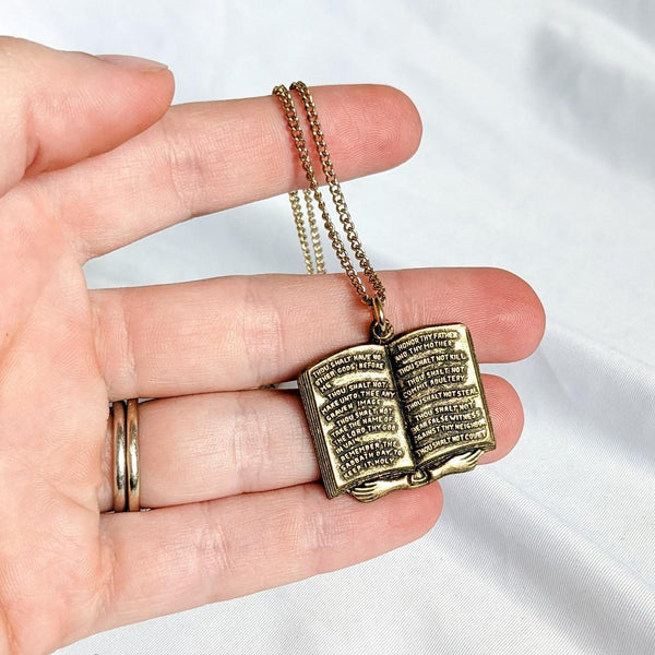 Brass Vintage Ten Commandments Book Necklace