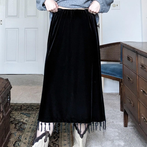 Black Velvet Vintage Fringe Midi Skirt