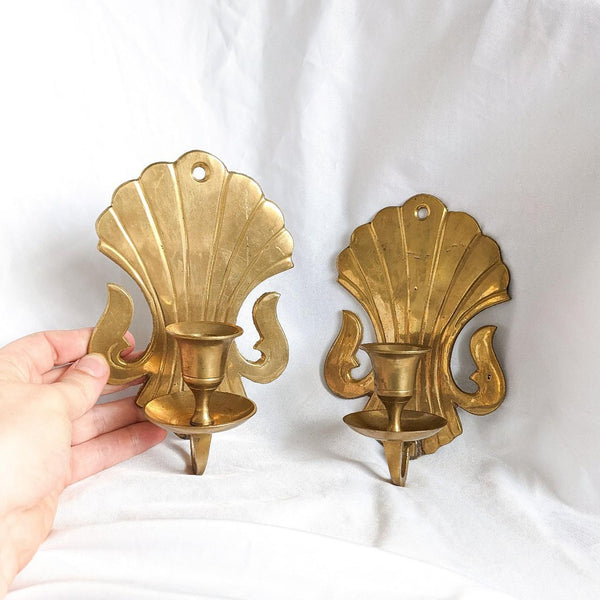 Pair of Vintage Brass Fleur De Lis Wall Mounted Sconce Candlestick Holders