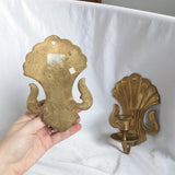 Pair of Vintage Brass Fleur De Lis Wall Mounted Sconce Candlestick Holders