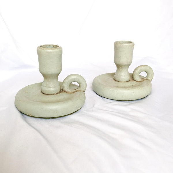 Pair of Wooden Vintage Mint Green Painted Candlestick Holders