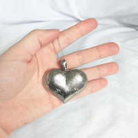 Sterling Silver 925 Large Etched Puffy Heart Pendant Necklace